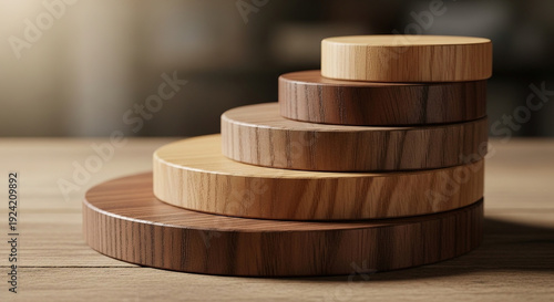 Wooden circular platform steps arranged in descending order on natural surface create elegant presentation base for products and luxury items in professional studio setting