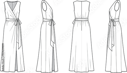 Women sleeveless maxi wrap dress technical flat sketch with side slit and tie belt fashion illustration vector template multiple views