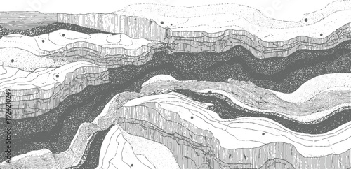 Detailed cross section geological strata layers showing contour lines and stippled textures in monochrome