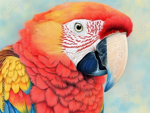 The scarlet macaw has bright feathers in red, yellow, orange, and blue. It's a beautiful bird with a colorful, exotic look.
