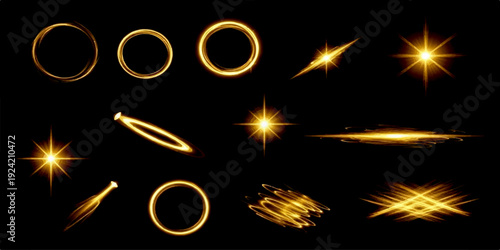 Collection of glowing golden light effects, flares, and starbursts on a black background, vector illustration