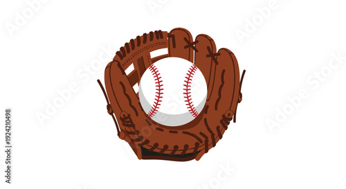 A flat vector illustration of a white baseball with red seams resting in the pocket of a dark brown leather baseball glove on white.