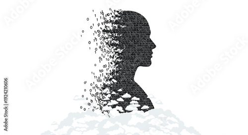 A conceptual vector illustration of a human head silhouette formed by black binary code digits dissolving into a base of soft white clouds.