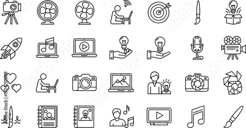 Thin line outline icons set of content creation media production video photography podcast streaming creativity entertainment recording inspiration and digital broadcast symbols