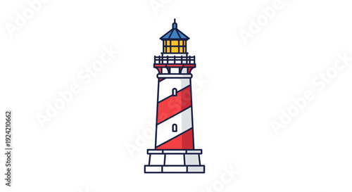 Illustrated lighthouse illustration on white background with red and white stripes