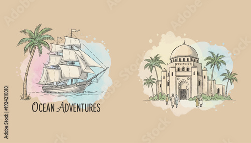 Vintage Travel Illustrations of Ocean Adventures and Exotic Landmarks.