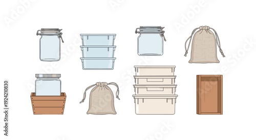 A flat vector illustration of various empty storage containers including glass jars, plastic bins, cloth bags, and wooden crates.