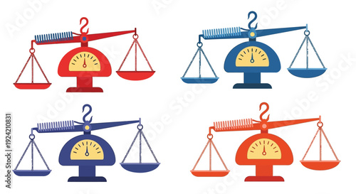 Scales of justice icons in red blue and orange color schemes