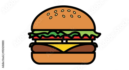 Delicious hamburger illustration with bun sesame seeds cheese lettuce and tomato