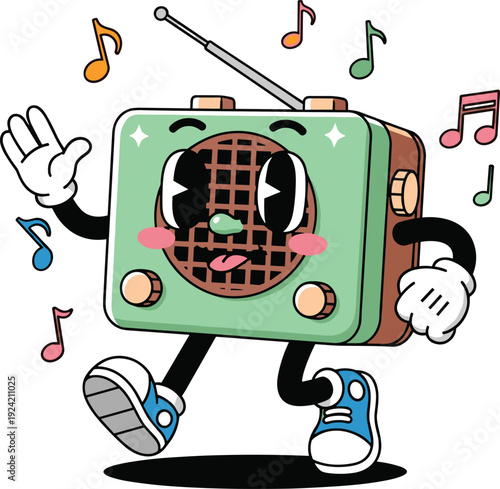 Cartoon radio character with expressive face, dancing music mascot, playful anthropomorphic design, colorful notes illustration for entertainment, children’s content, branding, and promotional artwork