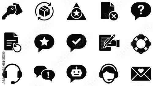 Set of 15 Black Customer Service and Support Icons Vector