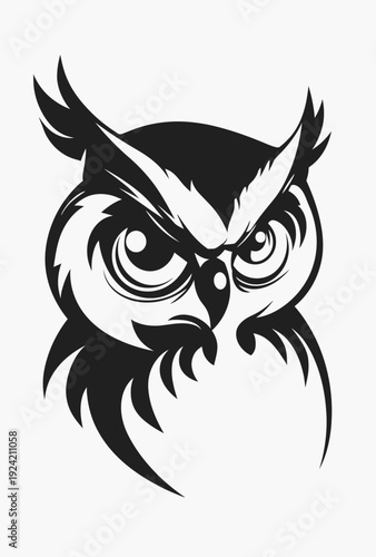 Bold black and white illustration of an owl looking directly at the viewer