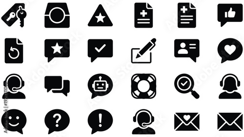 Set of 24 Black Customer Service and Support Icons Vector