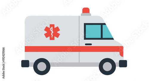 Simple illustration of a white ambulance with a red stripe and medical star