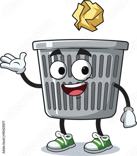Cartoon trash can character with smiling face, playful recycling mascot illustration, anthropomorphic design promoting cleanliness