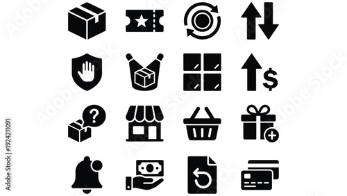 Set of 16 E-commerce and Shopping Black Glyph Icons Vector