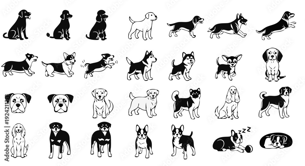 Fototapeta premium Black Silhouette Dog Icon Set – 20 Minimal Vector Dog Poses