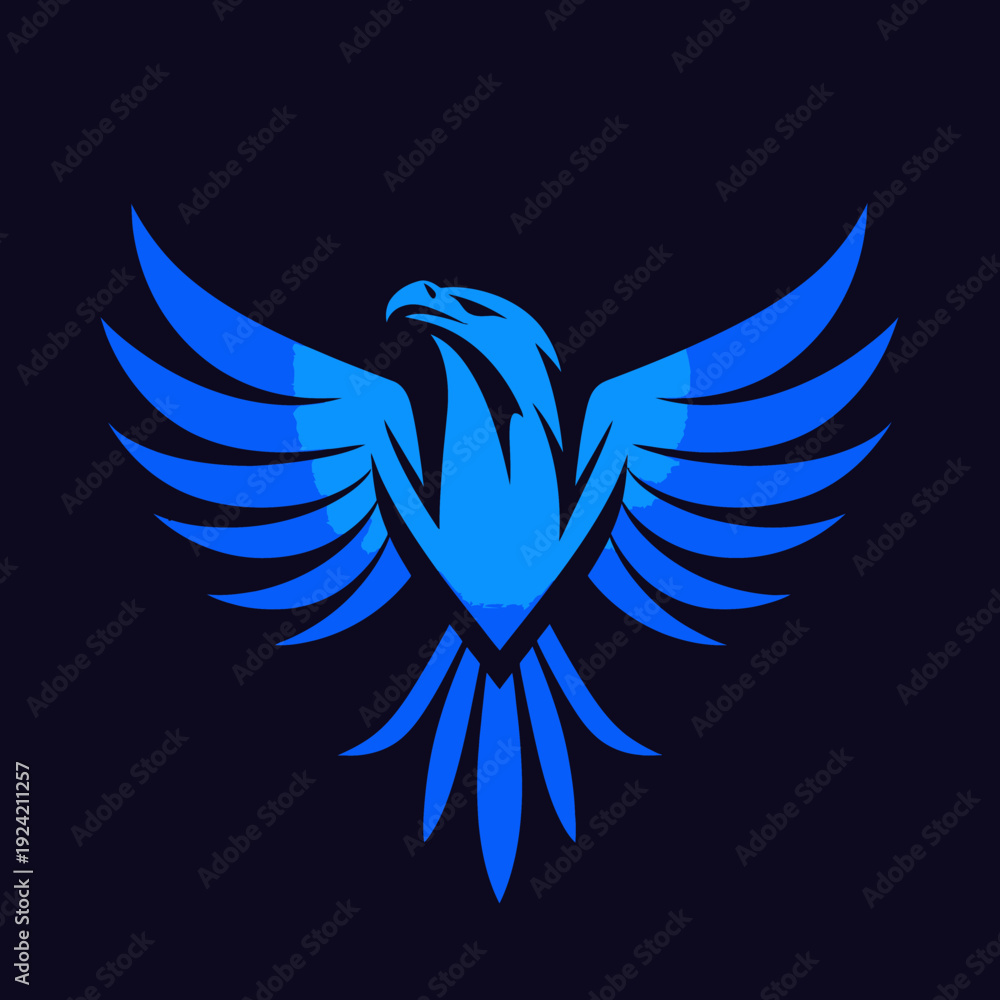 Fototapeta premium Stylized blue eagle with outstretched wings against a dark background
