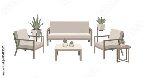 A complete patio furniture set featuring a sofa, two armchairs, a coffee table, and side tables rests on a white background with greenery.