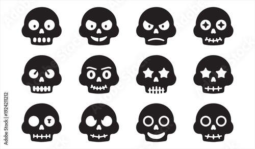 Cute and Spooky Skull Icon Collection in Black Vector Style
