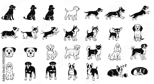 Black Silhouette Dog Icon Set – 20 Minimal Vector Dog Poses