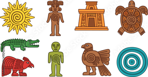 Collection of stylized Mesoamerican cultural symbols including sun, temple, turtle, crocodile, bird, human figures, and geometric spiral patterns