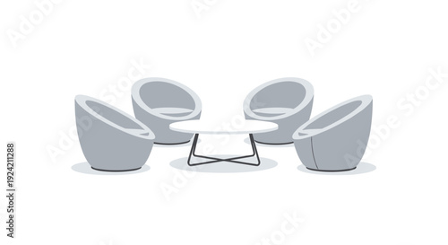 Four modern grey circular lounge chairs are arranged around a low white oval coffee table on a clean white background with soft shadows.