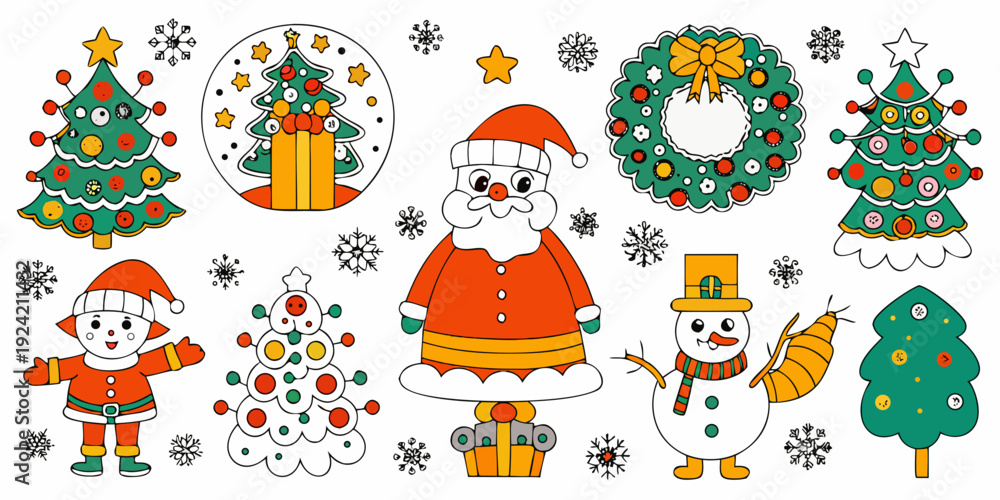 Fototapeta premium Colorful cartoon christmas elements including santa trees and decorations