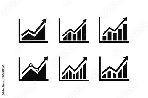 Six black silhouette graph icons with arrows on white background