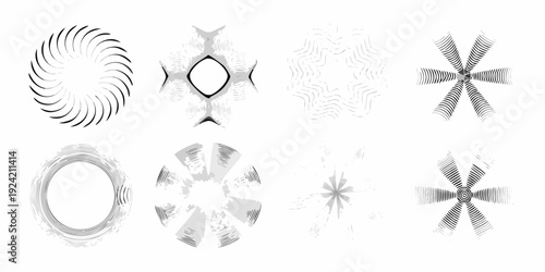 Abstract circular and starburst shapes in grayscale arranged in a grid