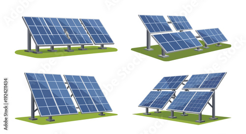 Illustration of multiple blue solar panels on grassy ground surfaces
