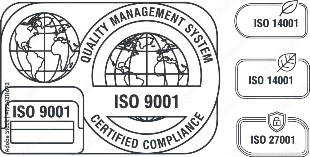 Obraz premium Vector illustration set of professional ISO certification line icons featuring quality management system standards for ISO nine thousand and one.