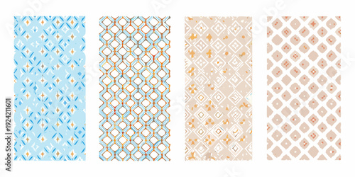 Four vertical bands displaying repeating geometric patterns in pastel shades