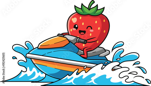 Cute Kawaii Strawberry Character Riding a Blue Jet Ski on Water Waves Vector Illustration Isolated on White Background for Summer Vacation and Kids Design