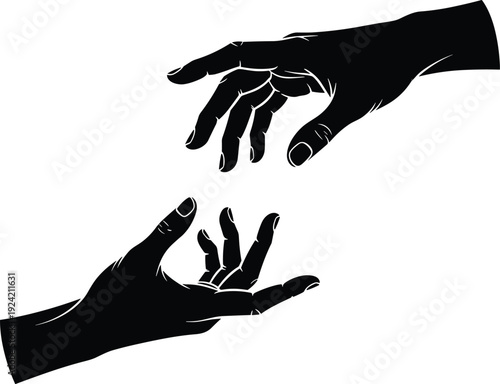 Black silhouette vector illustration of two hands reaching toward each other, symbolizing connection, support, unity, and assistance for creative, social, and artistic projects.