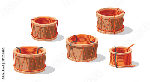 Five wooden spools wound with bright orange electrical wire are arranged in a staggered group on a clean white background with soft shadows.