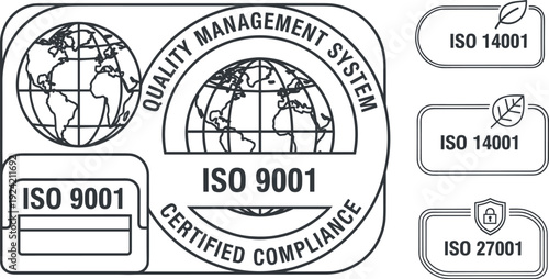 Vector illustration set of professional ISO certification line icons featuring quality management system standards for ISO nine thousand and one.