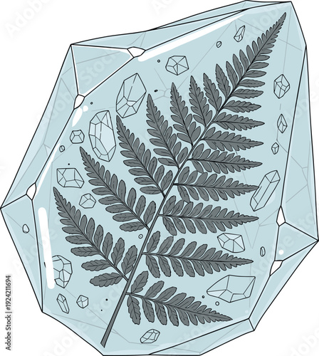 Fern leaf preserved inside faceted crystal gemstone, natural fossil inspired artwork, geometric mineral inclusions, botanical preservation concept, nature and geology fusion illustration design