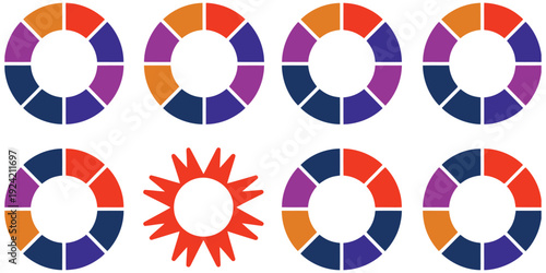 Pie chart color icons, vector set featuring 1 to 10 segment circular graphs, flat process cycle, progress sectors, and colorful diagrams for business