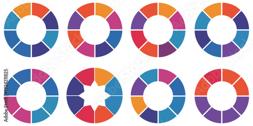 Pie chart color icons, vector illustrations with 1 to 10 segments, circle section graphs, flat process cycles, progress sectors, colorful diagram collection for business, data visualisation, 