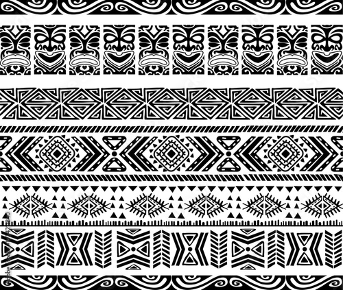 Polynesian Tiki Mask Seamless Borders and Tribal Maori Ornaments Vector Collection