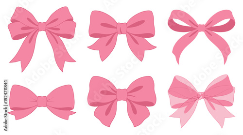 Pink ribbon bow icon set, varied decorative collection, flat vector style, classic bows, looped ribbons, festive knots, and elegant ties
