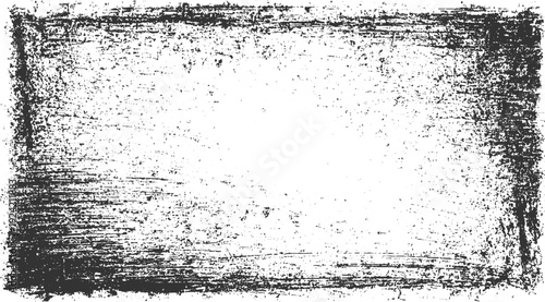 Black and white textured grunge border with distressed scratches and speckles on white background