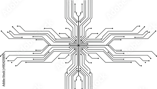 Symmetrical abstract circuit board illustration with geometric black lines, electronic pathways, nodes, branching traces, modern technology design, engineering pattern