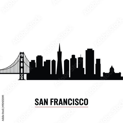 San francisco skyline silhouette with golden gate bridge and city text