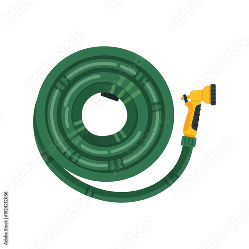 Garden hose vector clipart with nozzle isolated on white, green coiled irrigation equipment