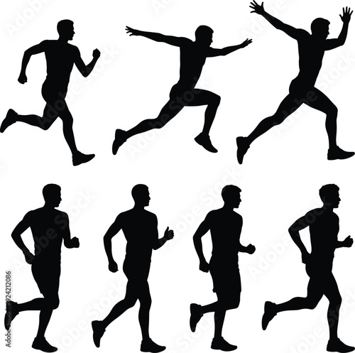 Set of male athlete running and jumping silhouettes isolated on white background, dynamic sprint and leap action poses, full body black shadow vector illustration