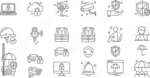 Thin line outline icons set of cybersecurity data protection surveillance security camera shield insurance safety helmet privacy and defense symbols
