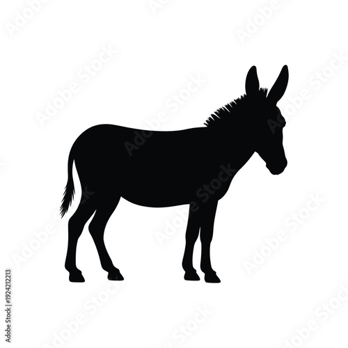 Simple black silhouette depicting a donkey standing in profile view