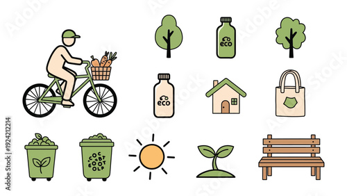 Eco-Friendly Journey: A vivid illustration depicts a sustainable lifestyle, highlighting environmental consciousness through a variety of eco-friendly elements. 